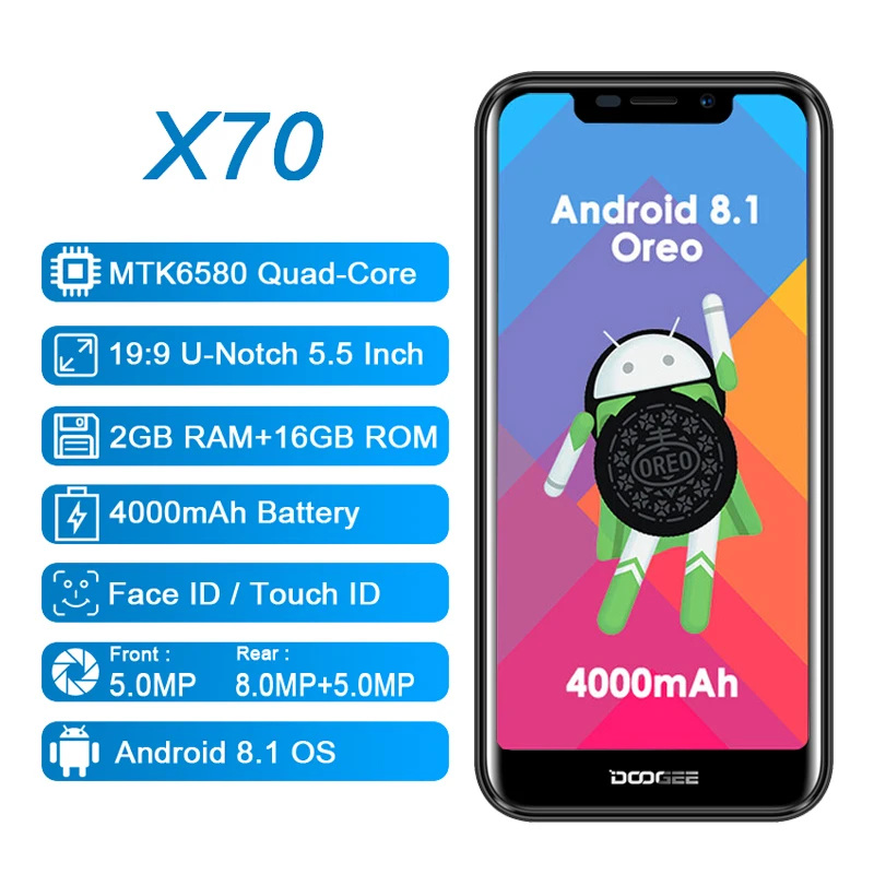 DOOGEE X70 3g смартфон 5 дюймов с зазубриной Android 8 1 распознавание лица отпечаток пальца