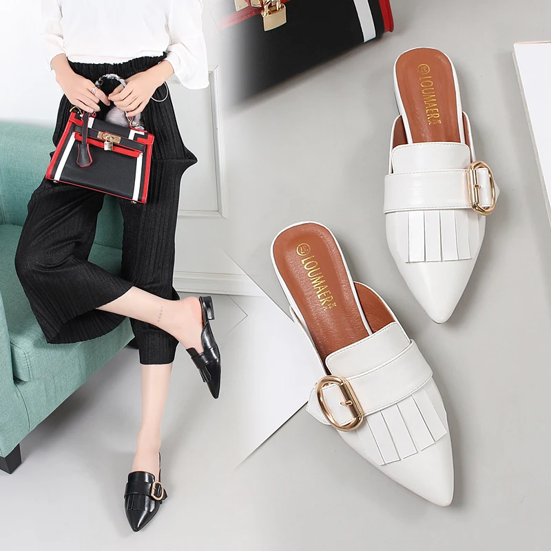 Дизайнерские женские мюли с кисточками Сандалии острым носком Шлепанцы пряжкой