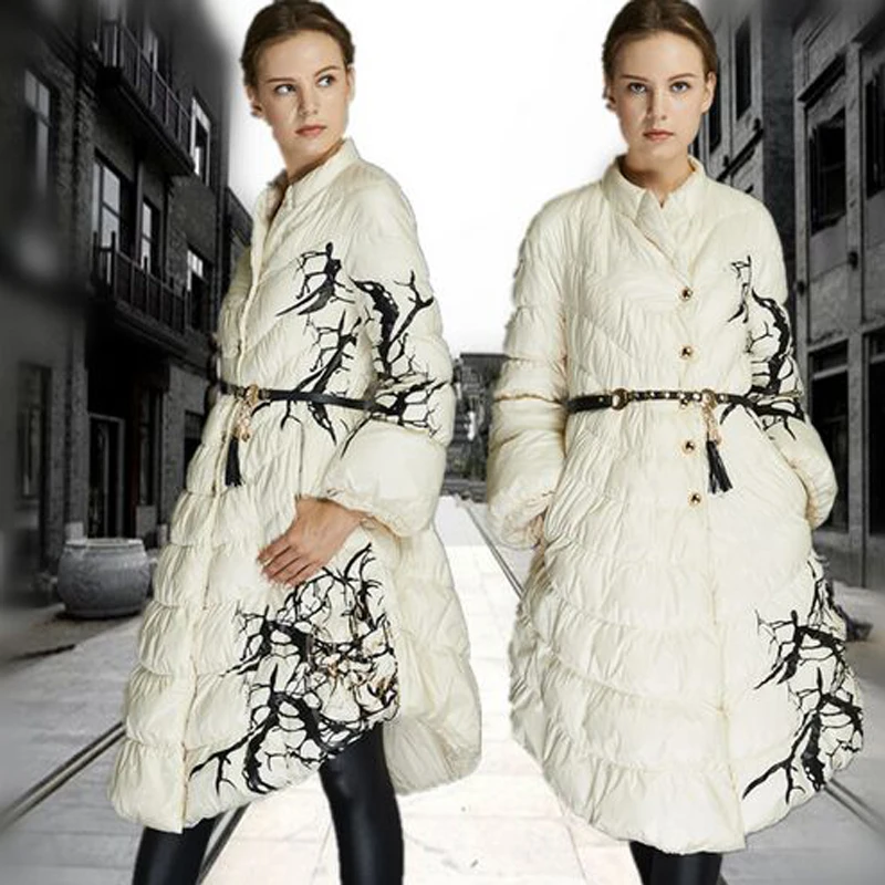 Женский пуховик на белом утином пуху асимметричная длинная парка для зимы 2018|jacket