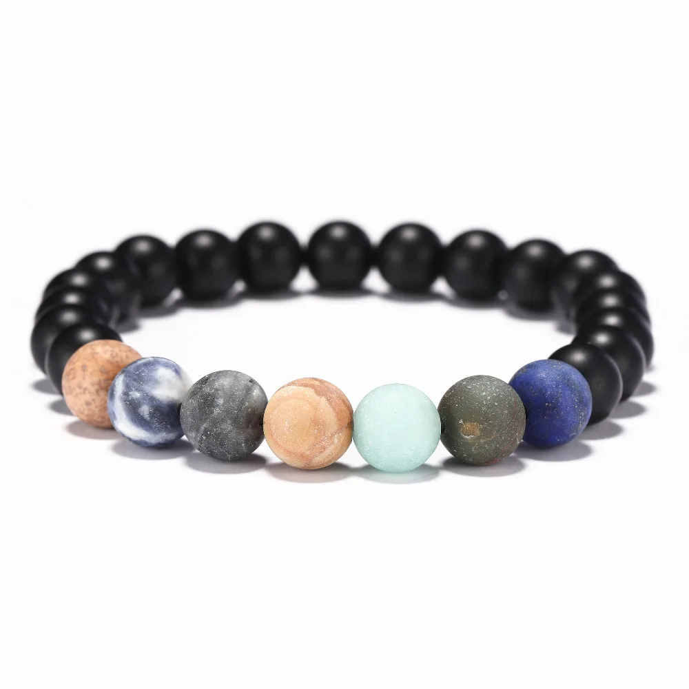 Женский и мужской браслет из черной лавы с 7 чаками радужными бусинами