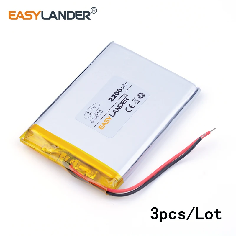 

3pcs /Lot 2200mAH 655070 3.7v lithium Li ion polymer rechargeable battery for dvr GPS mp3 mp4 cell phone andorid phone toys