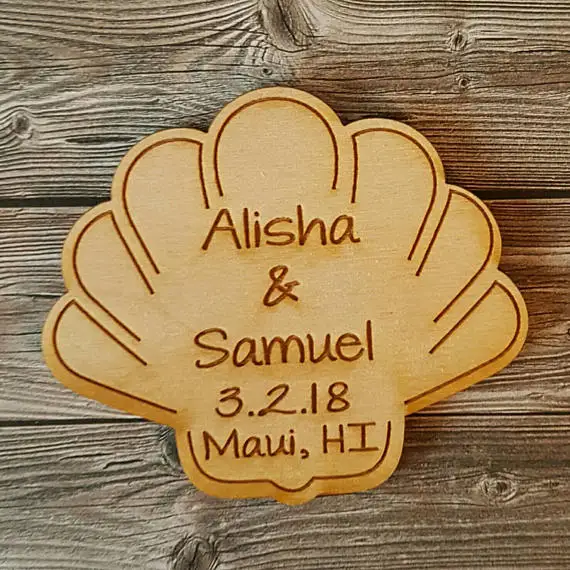 

personalized Bride Groom names wood Seashell Wedding Save the Date Magnets engagement bridal shower party favors company gifts