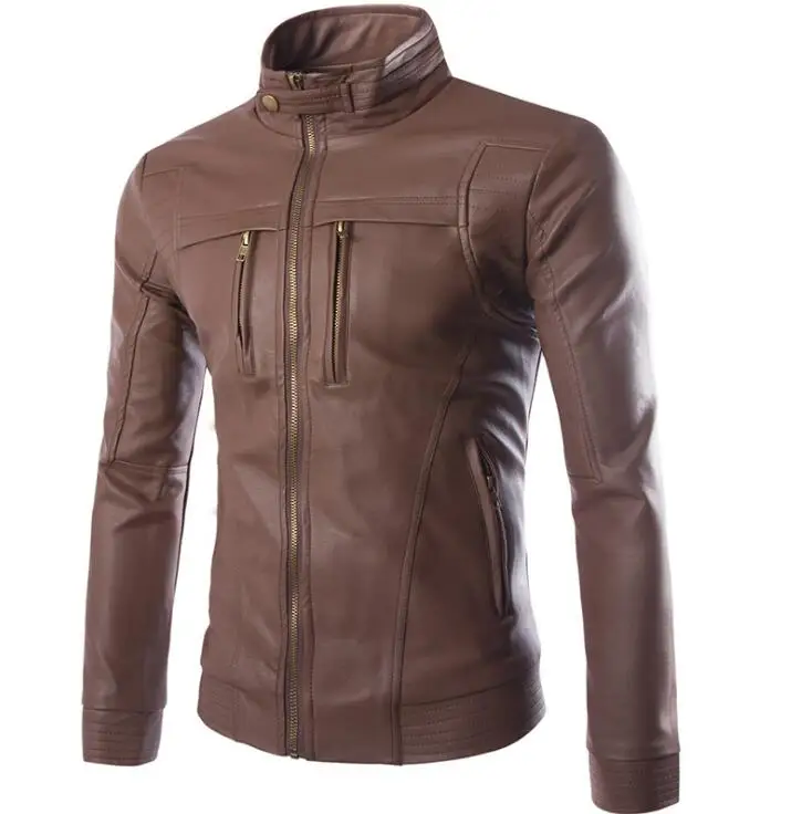Hot 2021 Korean New Fashion Men Autunm Winter Brown Faux Leather Jackets mens Slim Black Zipper Motorcycle Jacket Coats M-4XL | Мужская