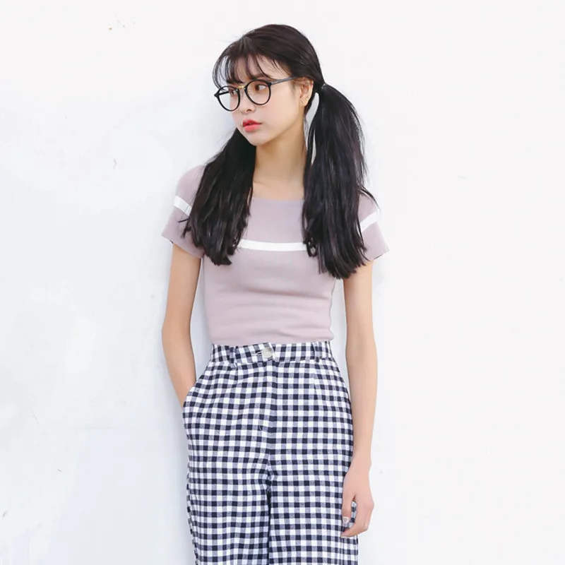 

summer stripe slim Pullovers women High elasticity O-neck short sleeve cute girls gray and pink casual sweater L122