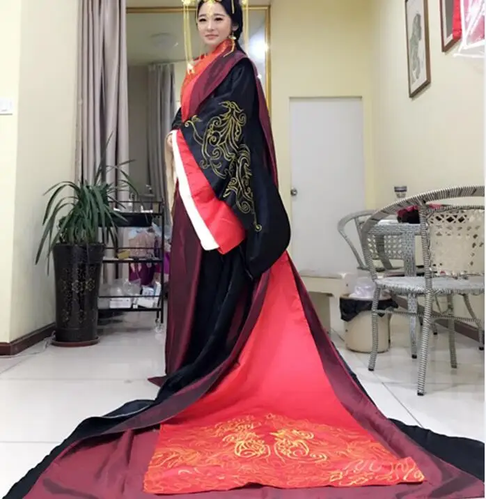Азиатский император королева Королевский дворец свадебное платье халат Китайский древний Свадебный Hanfu длинный костюм черный красный наряд невесты жениха - Цвет: Woman