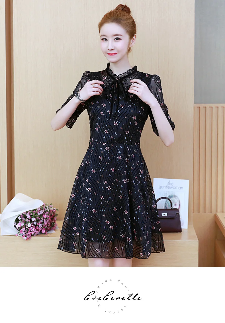 2018Summer Fashion Ladies plus size pinched waist floral chiffon dress stand collar cultivating Casual vestido tunics L-XXXXXL | Женская