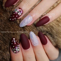 stiletto matte burgundy glitter false nails crystal full sets fake nails artistic shape diamonds spread out red press on nails