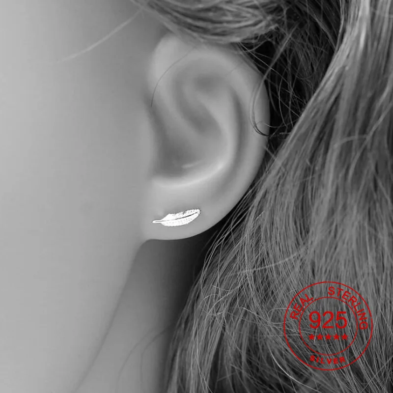

SMJEL 100% 925 Sterling Silver Bohemia Small Tiny Feather Stud Earrings for Women Silver Leaf Earring oorbellen Wedding Gift