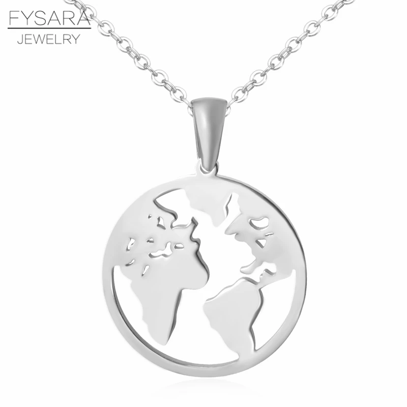 Steel Color FYSARA полированная нержавеющая сталь Глобус кулон с картой мира ожерелье для женщин День Земли лучший друг Wanderlust открытый ожерелье - Окраска металла: Steel Color