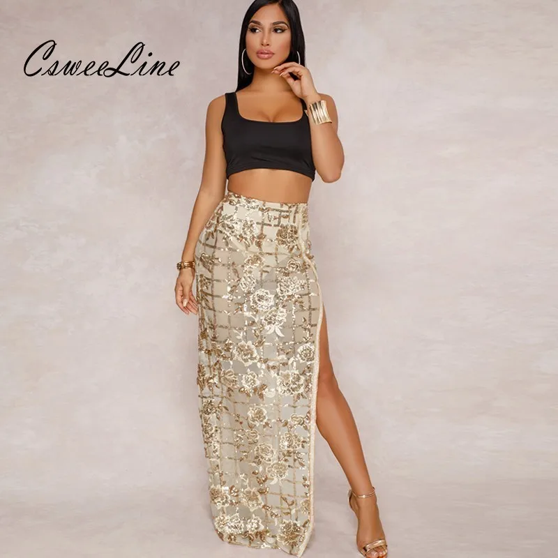 

Women Sequin Embroidery Skirt Fashion Sexy High Slit Long Maxi Skirts Womens Nightclub Silver Gold Mesh Summer Skirt Jupe Longue