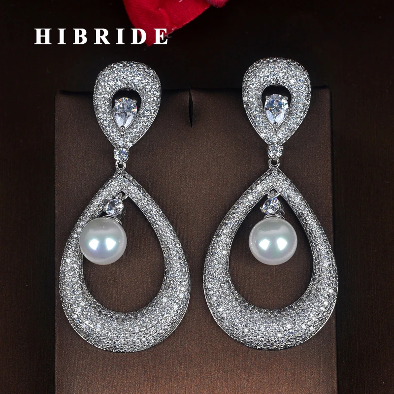 

HIBRIDE Micro Cubic Zirocnia Pave Luxury Women Pearl Drop Earrings Pendientes Flecos Mujer Moda Female Fashion Jewelry E-723