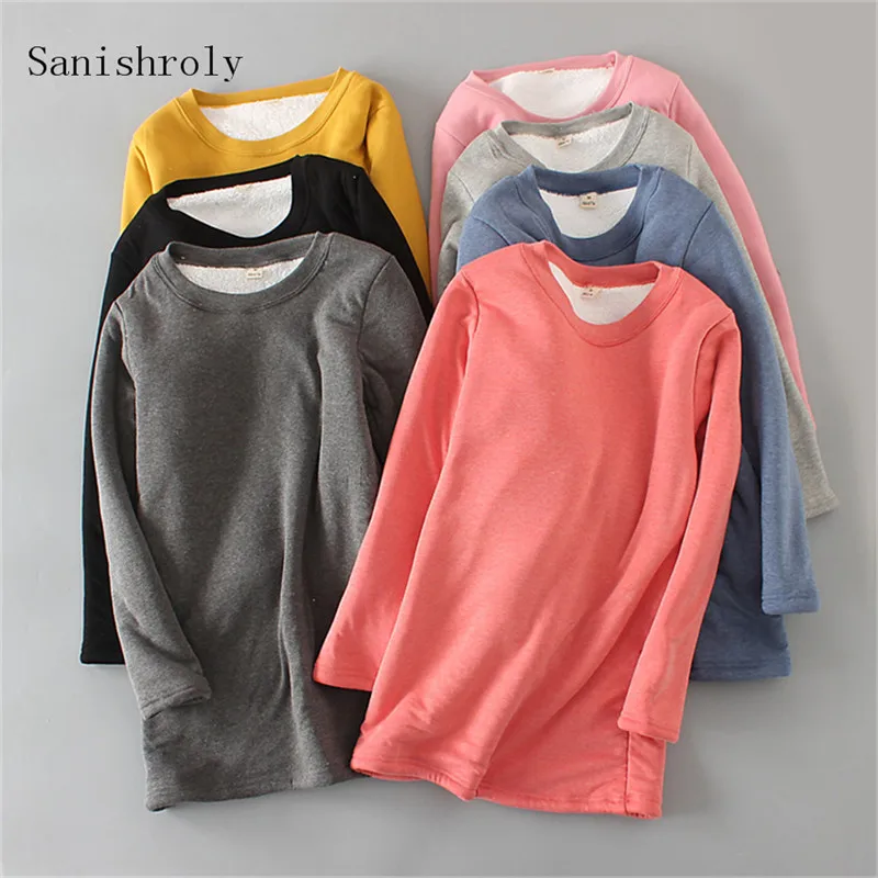 Sanishroly Women Midi Long T-Shirts Tee Autumn Winter Warm Thick Velvet T Shirt Ladies Sleeve Shirts Tops Plus Size SE223 | Женская