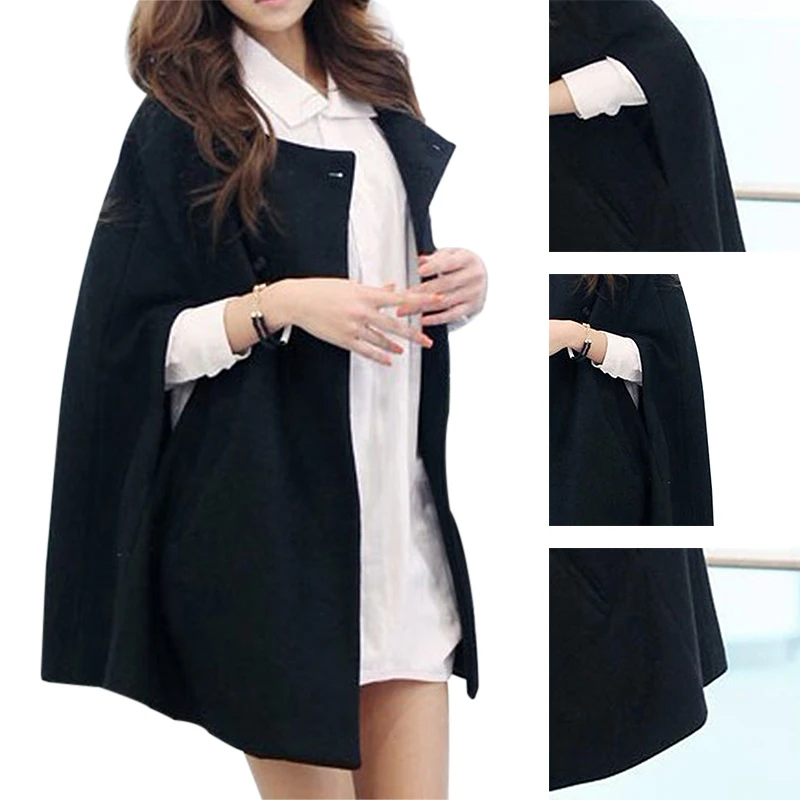 Женское шерстяное пончо летучая мышь зимнее теплое дамское пальто куртка