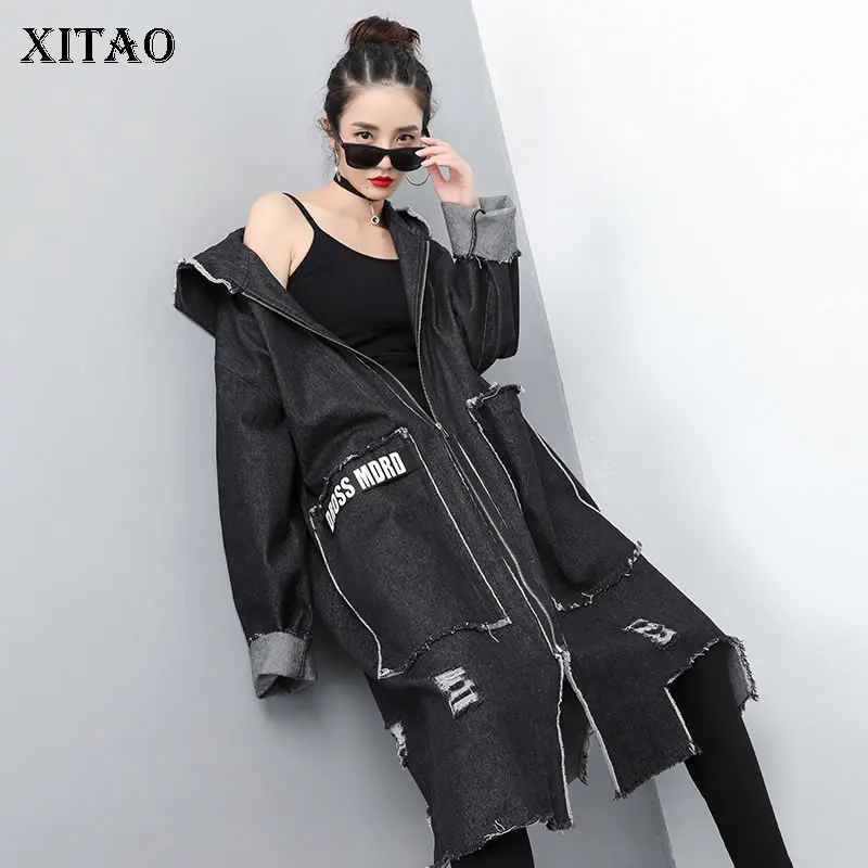 XITAO/черная толстовка с капюшоном Индивидуальный длинный Тренч кардиганы длинным