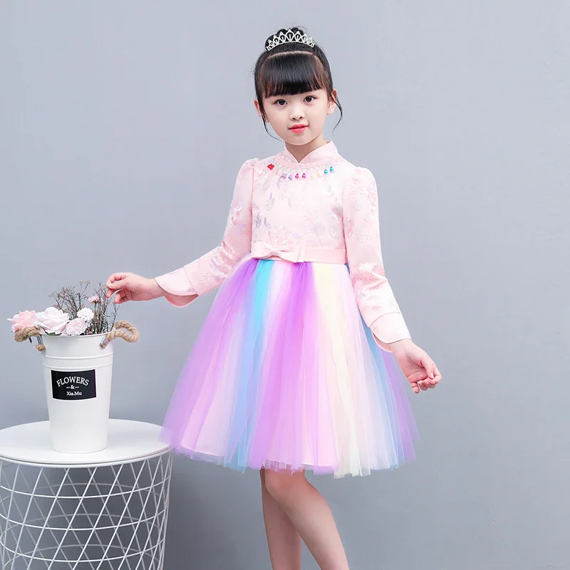 Fairy rainbow dress girls party kids elegant beautiful teens long sleeve fall winter modern qipao wedding little princess | Детская