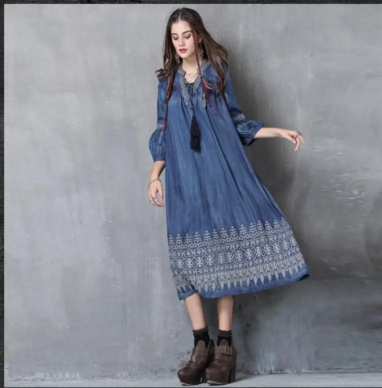 2019 женское свободное джинсовое платье винтажная вышитая лампа рукав богемное