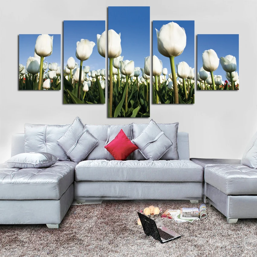 Top-Rated Canvas Print Pictures Modern Living Room Decor Framework Wall Art Draw 5 Pieces White Tulips Flower Modular Poster | Дом и сад