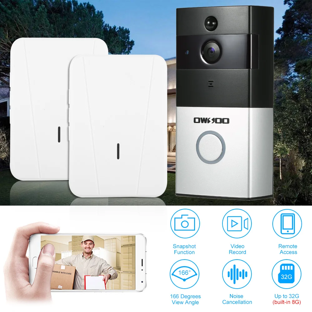 

OWSOO 720P WiFi Visual Intercom Door Phone+2pcs Wireless Doorbell Chime Infrared Night View PIR For Door Entry Access Control