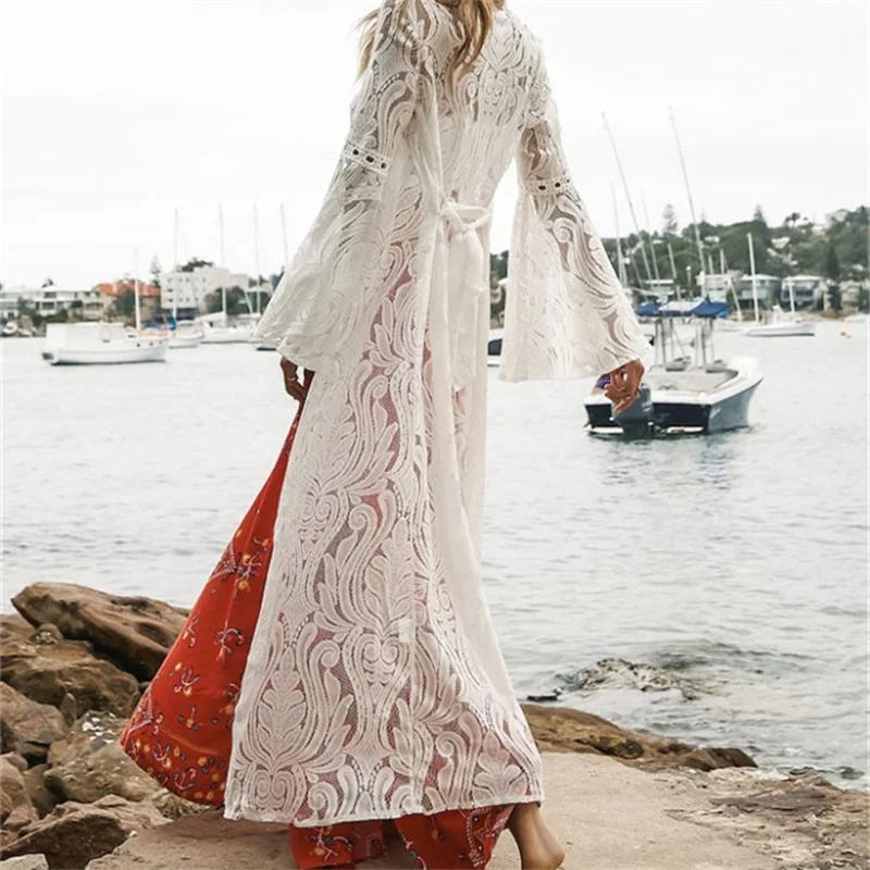 Длинная кружевная Пляжная накидка Robe de пляжный купальный костюм Cover up Saida Praia longa