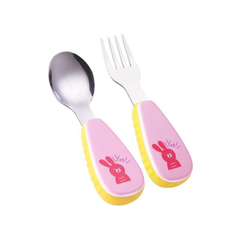 Juego de 2 unids/set de mesa para beb&eacute;, esponja de alimentaci&oacute;n con estampado encantador de dibujos animados para beb&eacute;, cuchara de alimentaci&oacute;n + tenedor, cuchara de acero inoxidable para beb&eacute; 2018-4