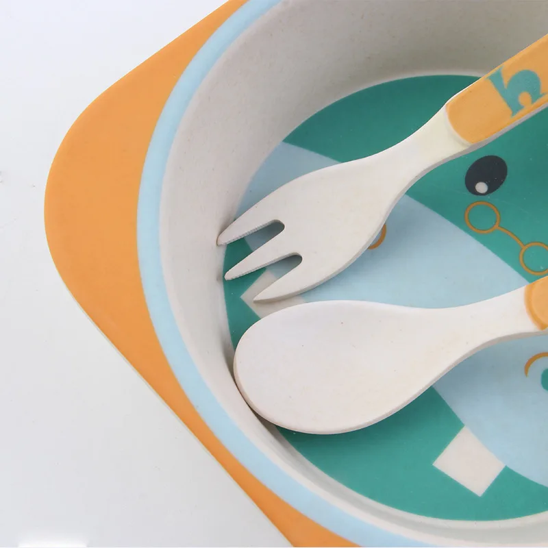 

5pcs/set Cartoon Pattern Bamboo Fiber Tableware Set Kid's Square Plate Set Children Bamboo Fiber Dinnerware