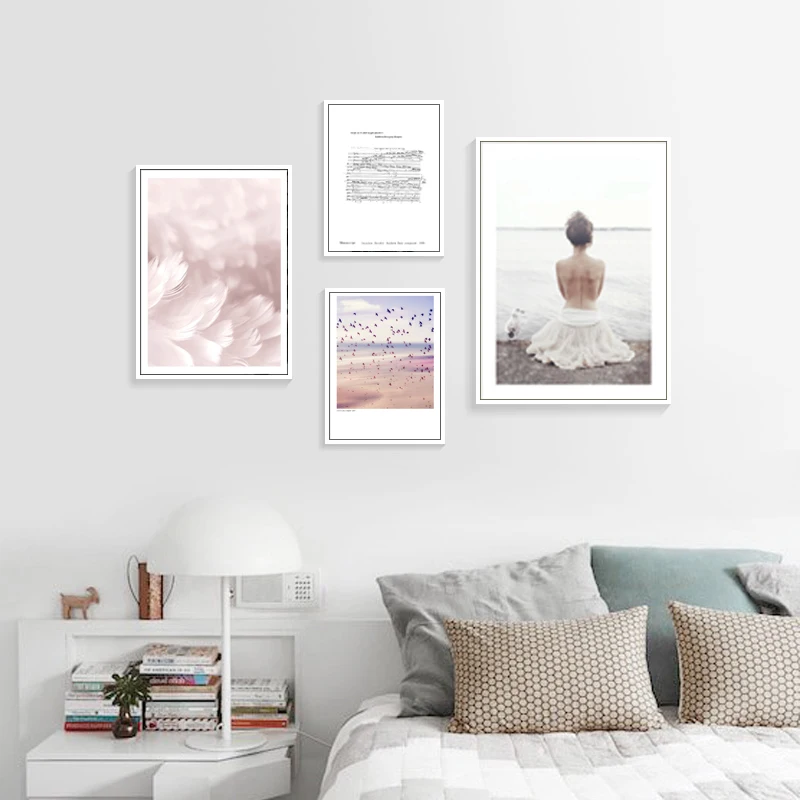 Feather Poster Nordic Print Girl Painting Scenery Quote Wall Prints Pink Bird Pictures For Bedroom Art Unframed | Дом и сад