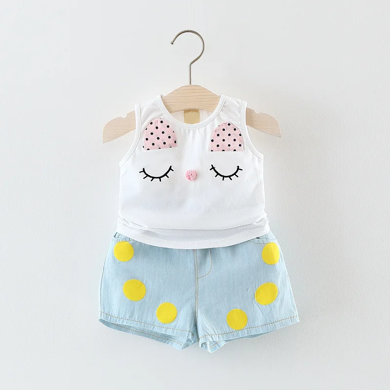 Лето детские Наборы Девушки Рукавов Точка Мультфильмы Pattern футболки + Dot Шорты