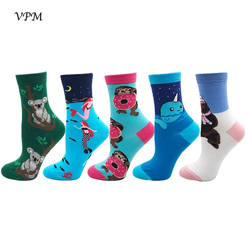 V826 VPM, женские носки, разноцветные, хлопковые, Harajuku, милые, пищевые, животные, кошка, собака, инопланетное пространство, забавные носки для девочек, рождественский подарок, 5 пара/лот - Цвет: V826