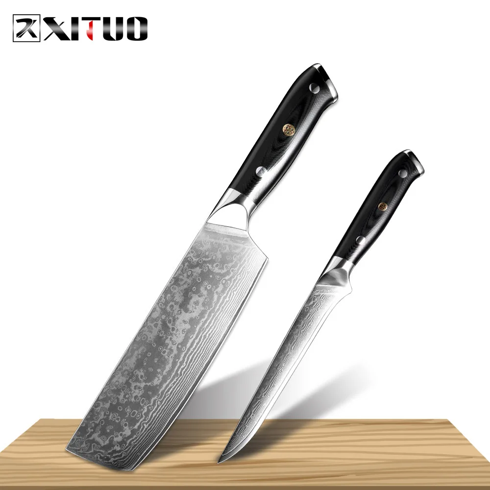 2PCS Set XITUO дамасский нож шеф-повара набор кухонных ножей для резки мяса Sankotu Практичный Нож Для Резки костей японский нож Gyuto Слива ручка для ногтей - Цвет: 2PCS Set