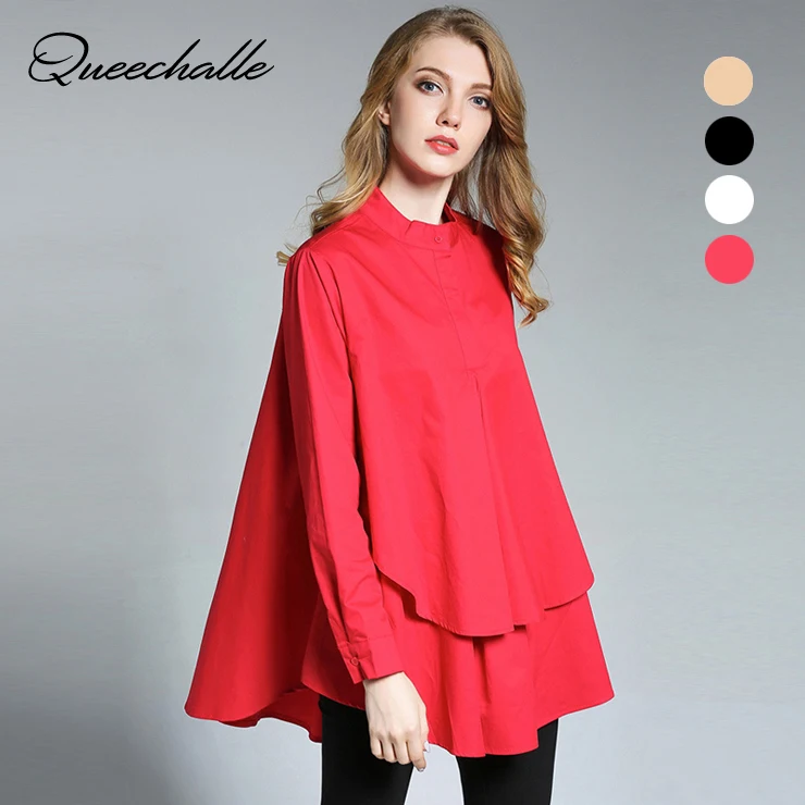 European Top design Big size Women's A line loose shirt 2017 Autumn asymmetrical Long sleeve Women Shirts 3XL Black White color|long women