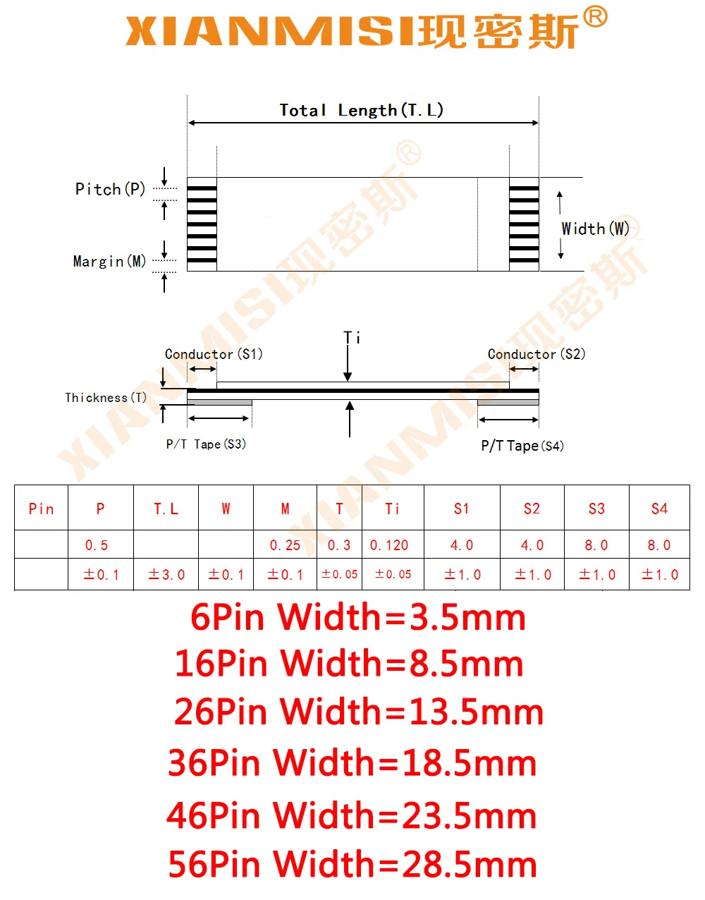 FFC FPC Flat Flex Extension Cable 6Pin 16Pin 26Pin 36Pin 46Pin 56Pin Same Side 0.5mm Pitch AWM VW 20624 60V Length 1.5Meter 5PCS |