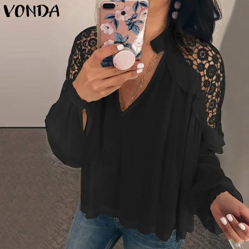 VONDA, без бретелек, женская летняя Кружевная блуза, Сексуальные клубные топы, v-образный вырез, рукав-фонарик, блузы, топы с открытыми плечами, OL рубашка, S-5X