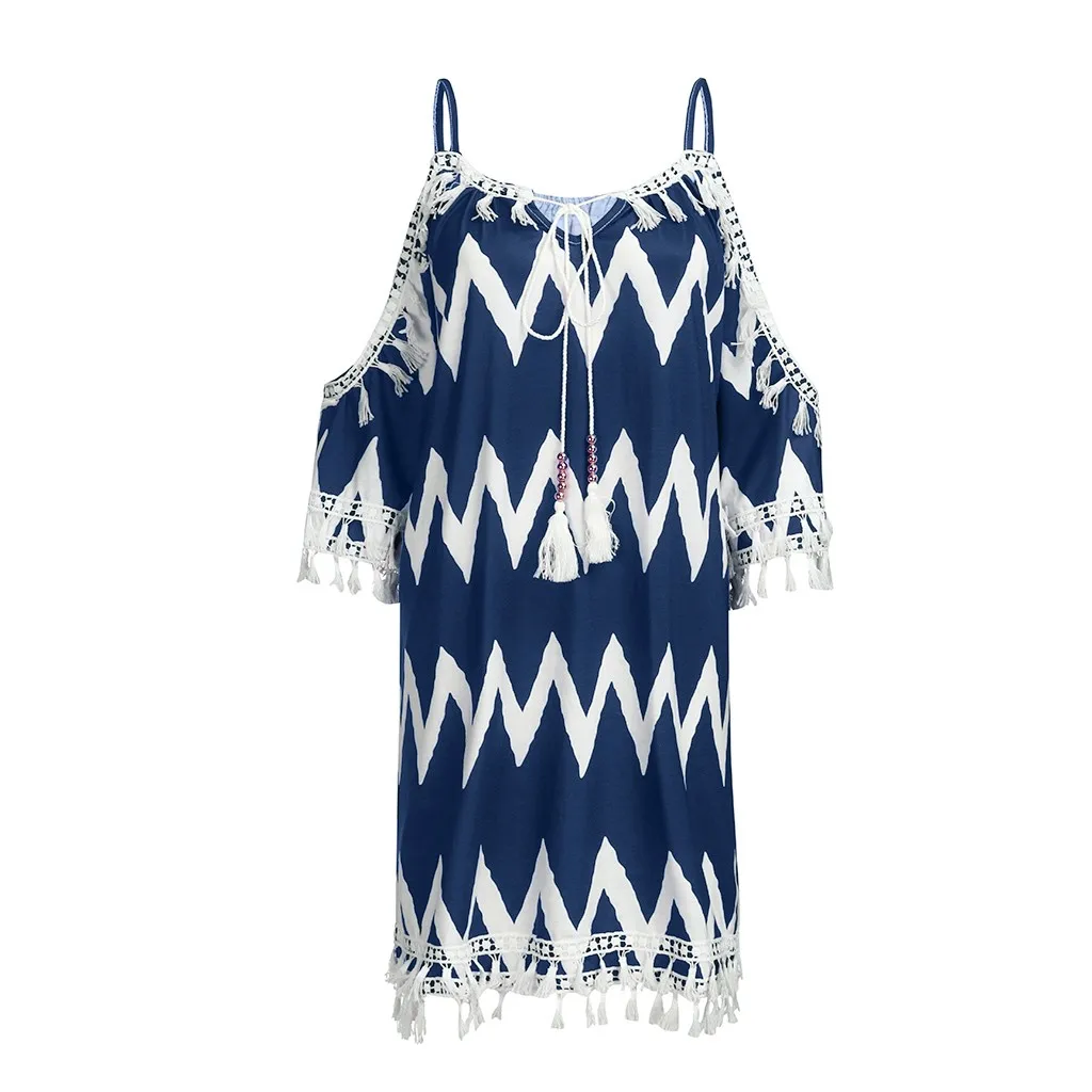 Robe de plage femme ete, женское платье на бретельках с кисточками, с открытыми плечами, с принтом, кружевное свободное пляжное платье, парео для Плайя mujer plaj