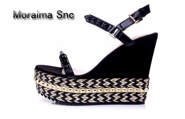 

Moraima Snc brand black Rhinestone platform sandals summer gold rivet high heels shoes women wedges sandalias mujer Thick bottom
