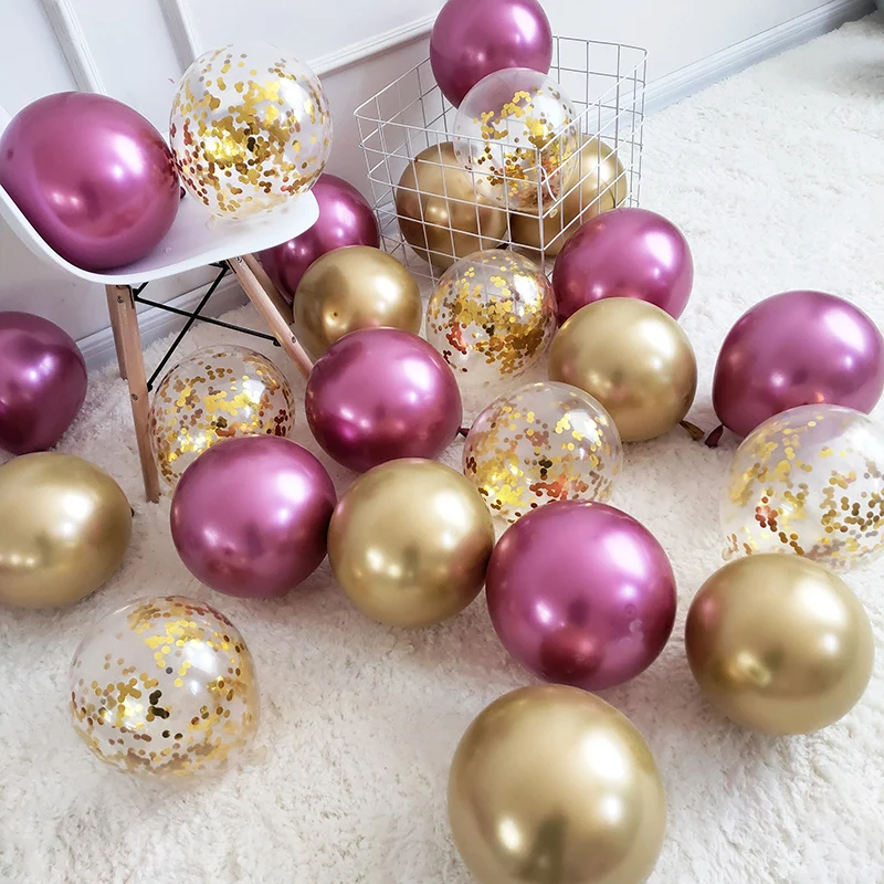 12pcs/lot Pink Chrome Metallic balloon Golden latex Wedding Bridal Shower Theme Party Air Helium Decor 10 inch Balloons | Дом и сад