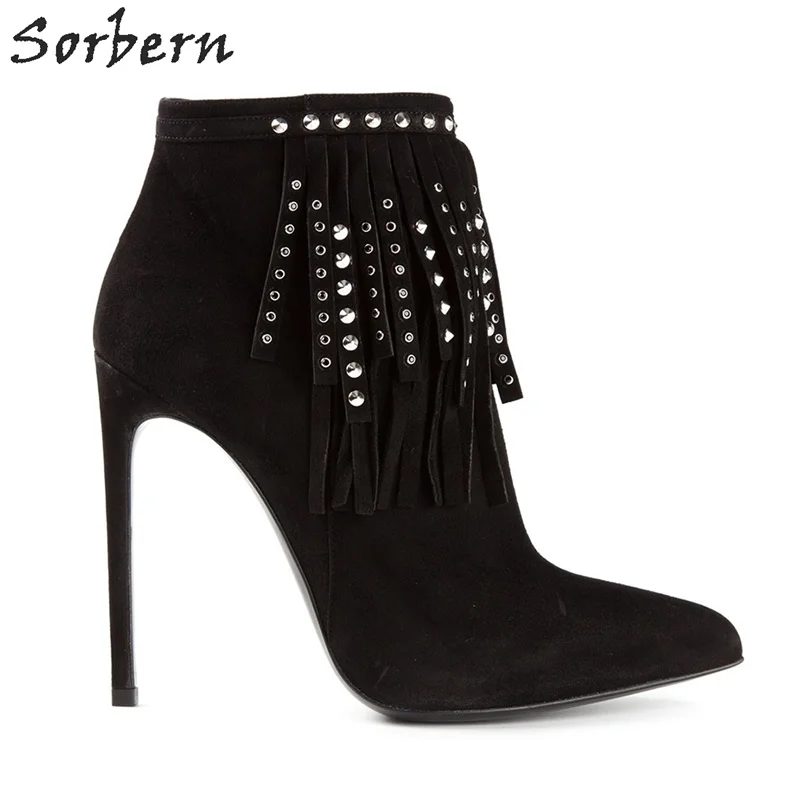 Женские ботинки с заклепками Sorbern черные вечерние на тонком каблуке 2017|ankle boots for