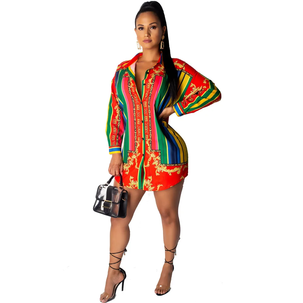 women summer stripes vintage print turn-down neck long sleeve blouses& shirts mini dress fashion dresses vestidos GL3082