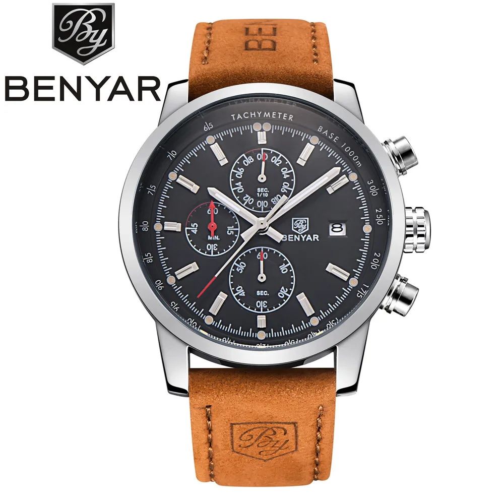 

BENYAR Brand Sport Men Watch Top Brand Luxury Male Leather Waterproof Chronograph Quartz Military Wrist Watch Men Clock saat