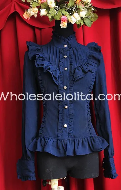 

Ladies Deep Blue Chiffon Stand Collar Long Sleeves Ruffled Lolita Blouse Lolita Shirt Gothic Blouse Custom Made Blouse