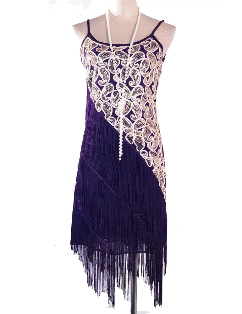 

Women's 1920S Paisley Art Deco Sequin Tassel Double Side Glam Party Gatsby Flapper Dress Six Color Three Size