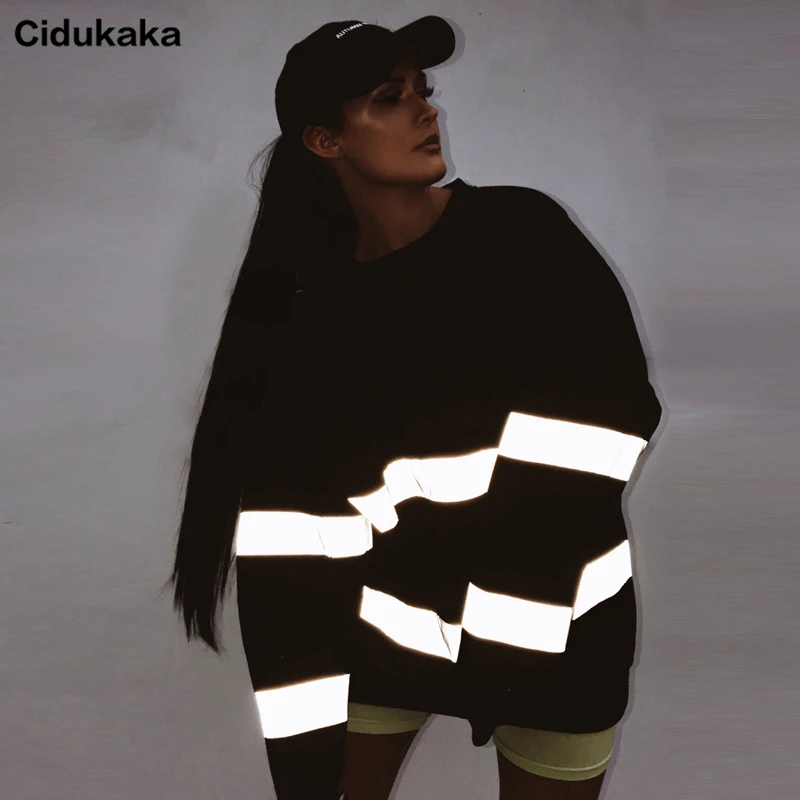 Cidukaka Светоотражающие полосатые женские толстовки Harajuku Хип Хоп Толстовки Черный