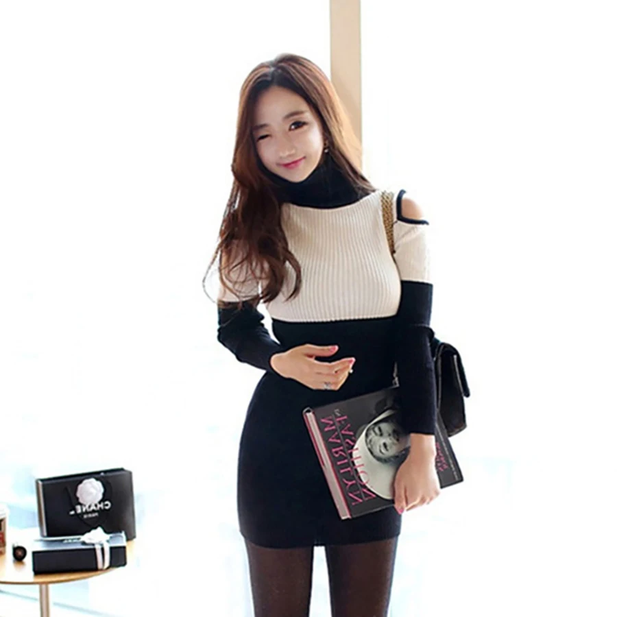 Off Shoulder Top Long Sleeve Black For Ladies Knit Sweater Korean Fashion Streetwear Turtleneck Maglioni Donna Oversized Z5C632 | Женская