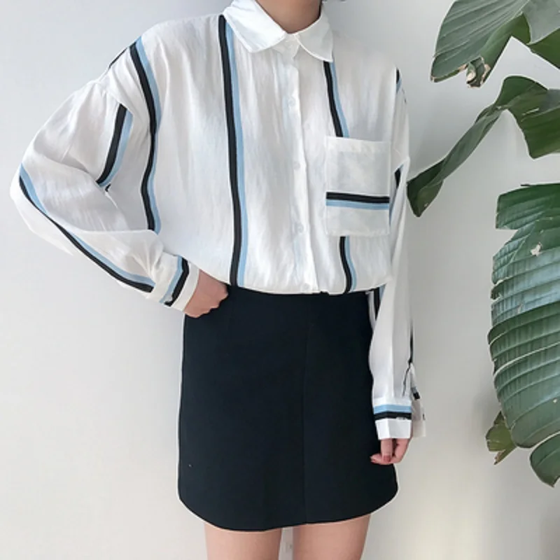 Женская свободная рубашка в полоску Повседневный Кардиган Корейском стиле