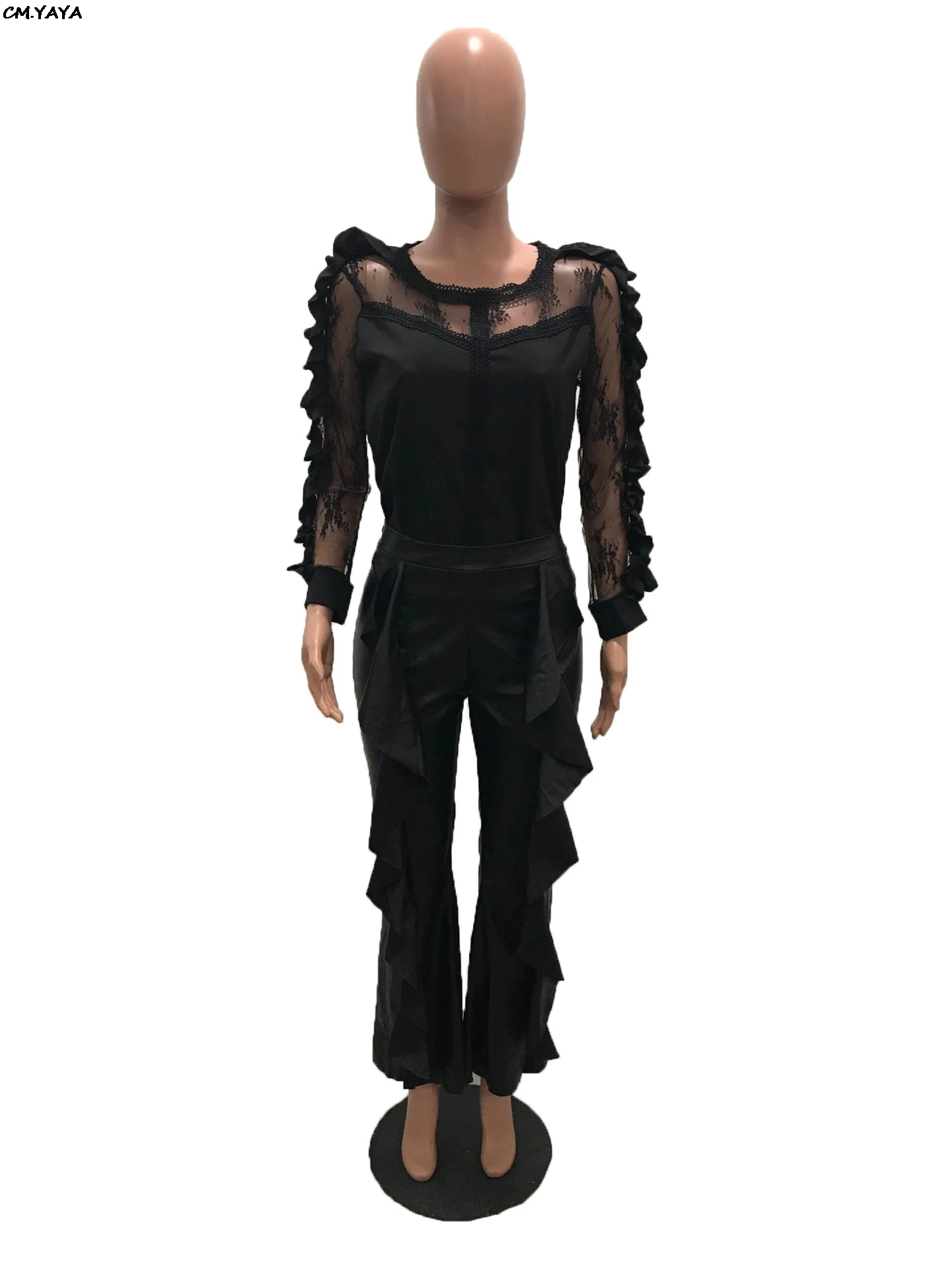 new ruffles mesh long sleeve patchwork blouses shirts faux leather straight pants two pieces women's sets outfits GL5081 | Женская