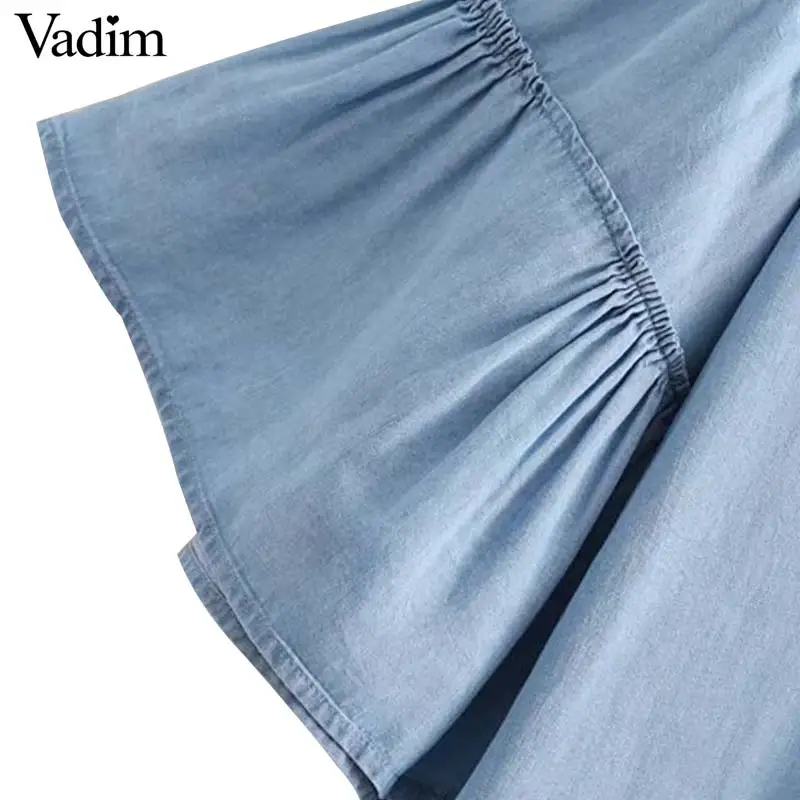 Vadim women sweet ruffled tencel denim blouse loose-fitting flare sleeve o neck shirts female summer casual tops blusas DA002 |