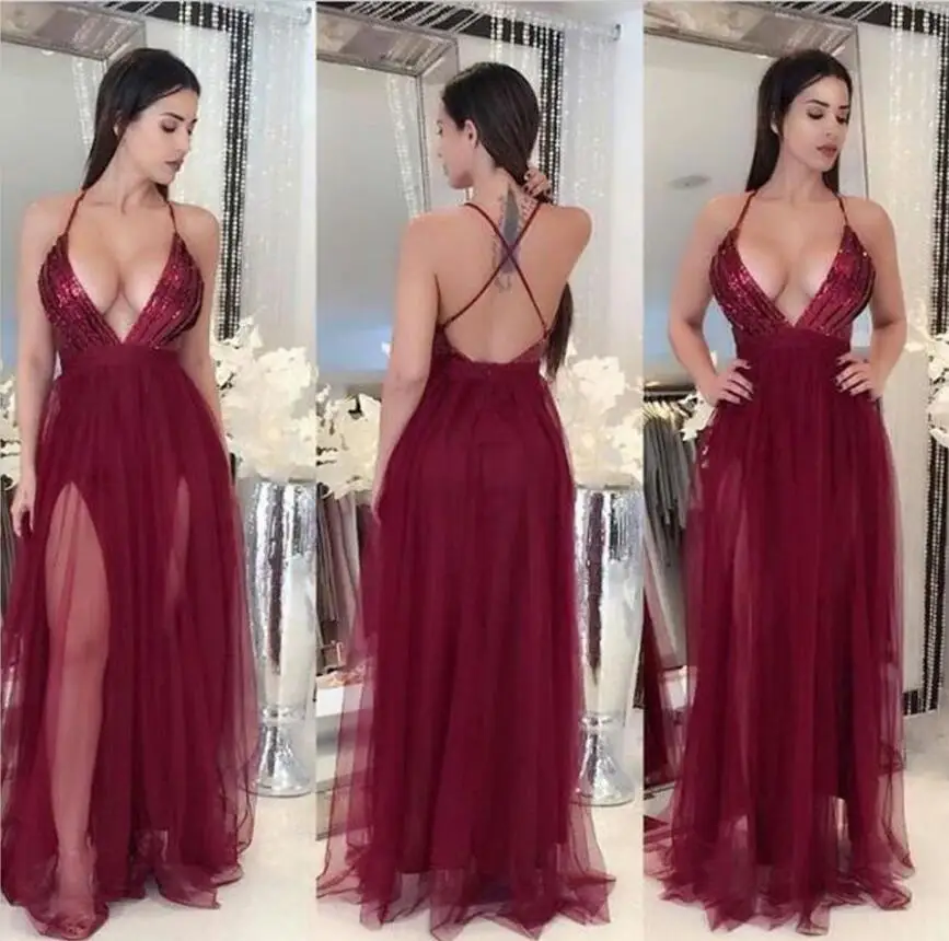 2019 Summer Women Sequined Screen Yarn Spliced Chiffon Dress Suspension Belt Deep V Sexy Bare Back Nightclub Party Dresses | Женская