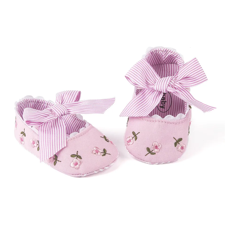 2020 New Baby Girl Shoes Floral Embroidery Spring Autumn Striped With Bow Princess Toddler Soft Soled First Walker |