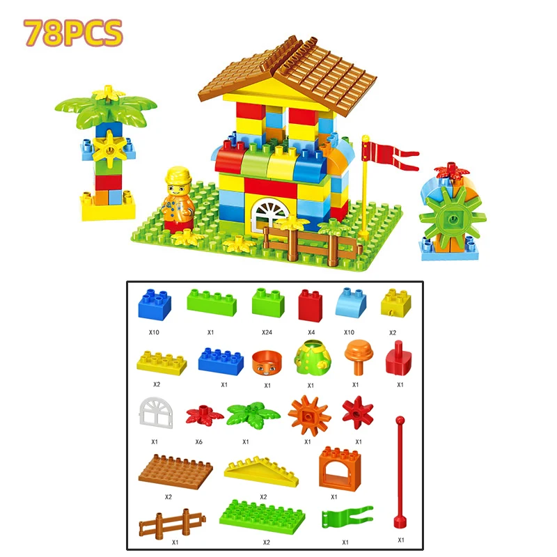 78pcs DIY красочный городской дом на крыше шестерни животных большие строительные блоки замок Развивающие игрушки для детей совместимы кирпичная горка - Цвет: 78pcs