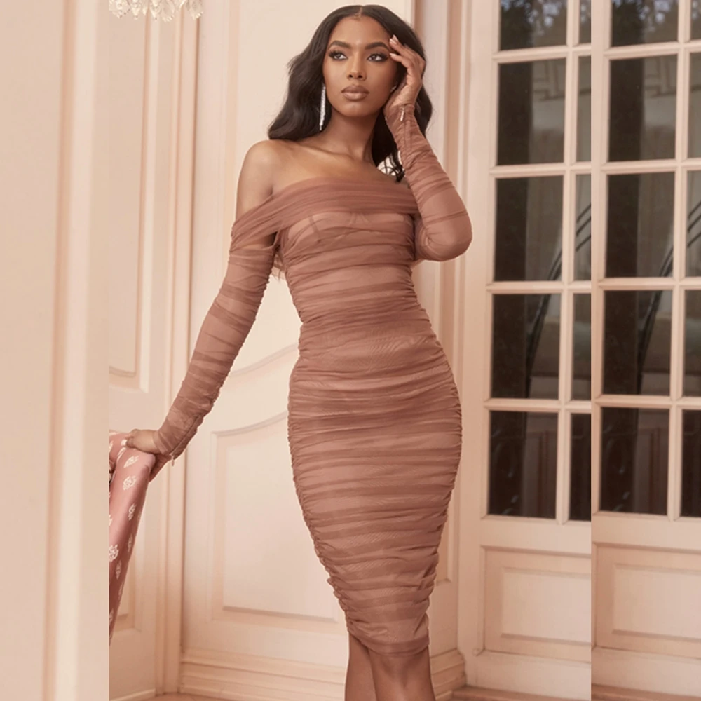 

2021 Fashion Brown Long Sleeve Mesh Sexy Hollow Out Slash Neck Off The Shoulder Badnage Dress Summer Mid-Calf Celebrity vestidos