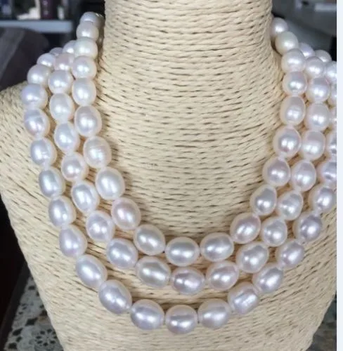 

18 inch Beautiful pop wedding Freshwater Jewelry Genuine Natural triple strands 9-10mm south white baroque pearl necklace 3row